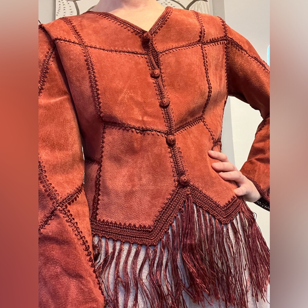 Vintage red suede fringe jacket